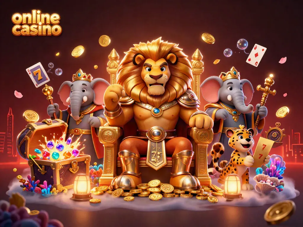 Experience the excitement of an online casino with a majestic lion king and vibrant jackpot elements.