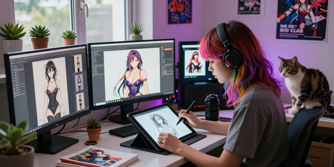 Captivating scene of a digital artist creating hentai ai illustrations in a vibrant workspace.
