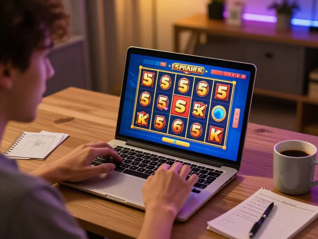 Player celebrating a win on slot 5k online game with vibrant laptop display in cozy home setting