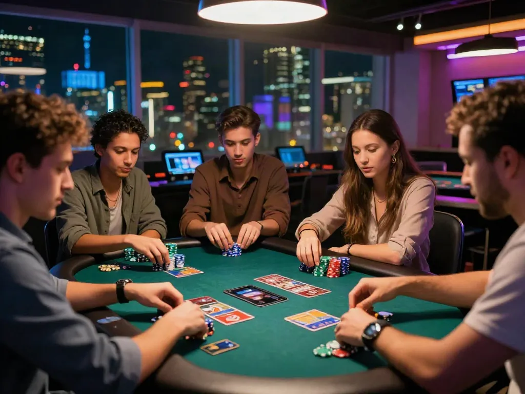 Exciting scene with friends enjoying online credit card casinos, engaging in card games with smartphones and credit cards on table.