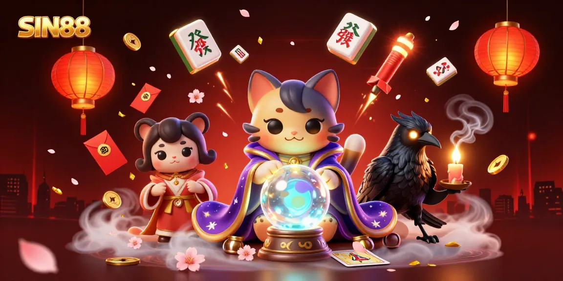 SIN88 illuminates epic gaming moments with a fortune teller cat, a raven, and casino elements.