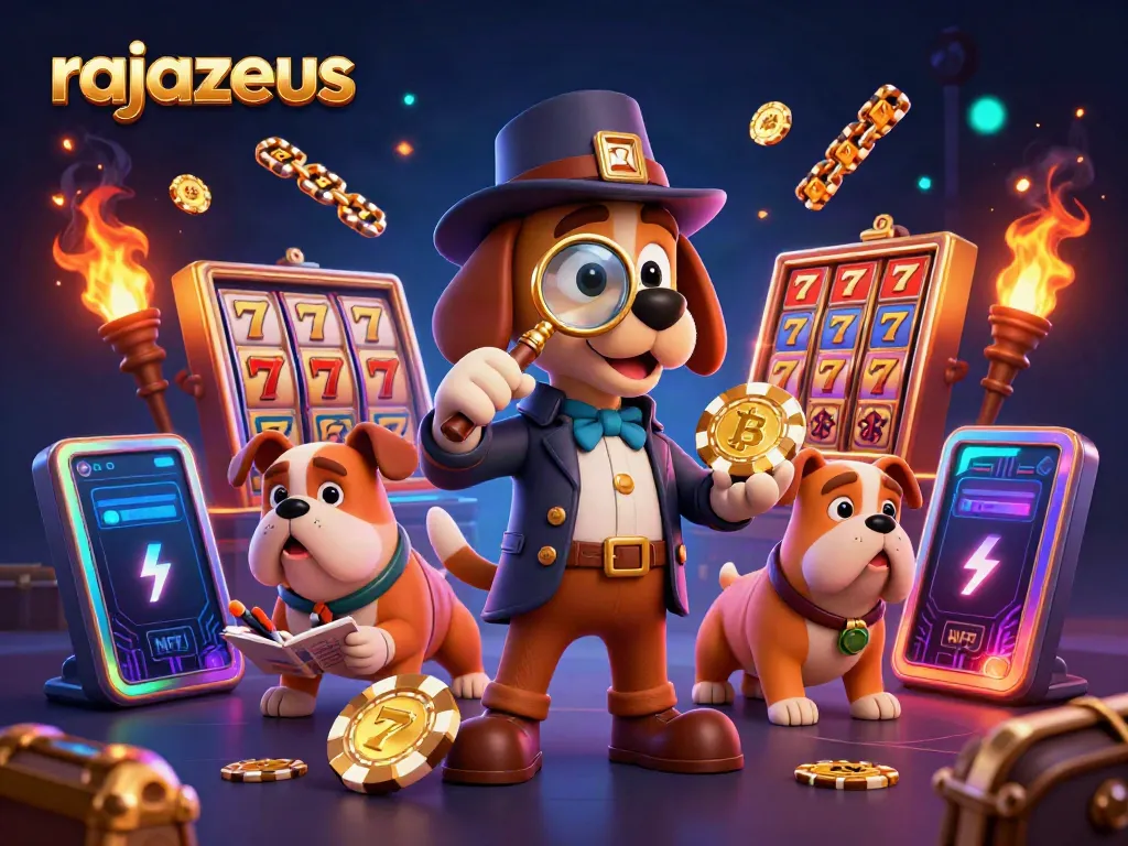 Permainan slot rajazeus dengan detektif kartun dan petunjuk poker emas.