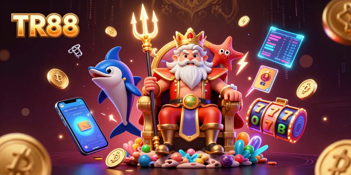 Experience TR88 casino excitement with Neptune and game elements in dynamic illustration.