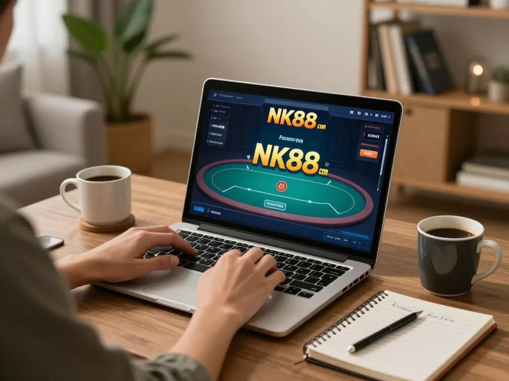Engaging in poker gameplay on NK88 com, showcasing strategic betting environment in home setting.