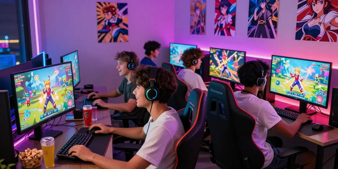 Group of friends enjoying a gay ecchi game online with animated backgrounds and vibrant colors.