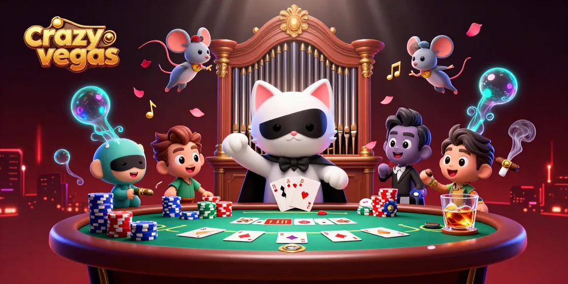 Experience the thrill of crazyvegas as the charming phantom cat plays organ amidst vibrant poker games.
