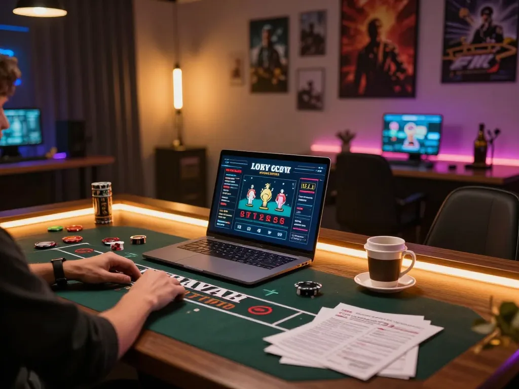 Engaging in online blackjack at xx88, showcasing a person with strategy notes in a stylish gaming environment.