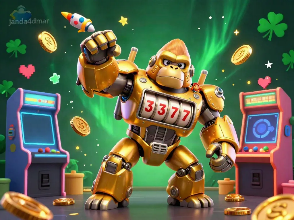Menangkan jackpot dengan janda4dmar, ilustrasi 3D yang menampilkan gorila emas mesin slot mecha.