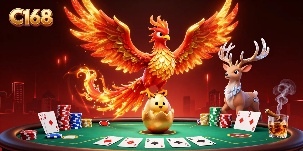 C168 ignites excitement with a phoenix scene celebrating poker and casino games, capturing dynamic action.