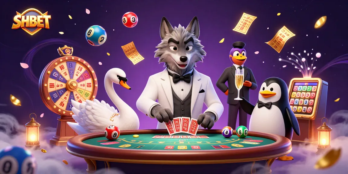 Engage in thrilling SHBET casino action with a debonair wolf, elegant swan, and penguin sommelier.