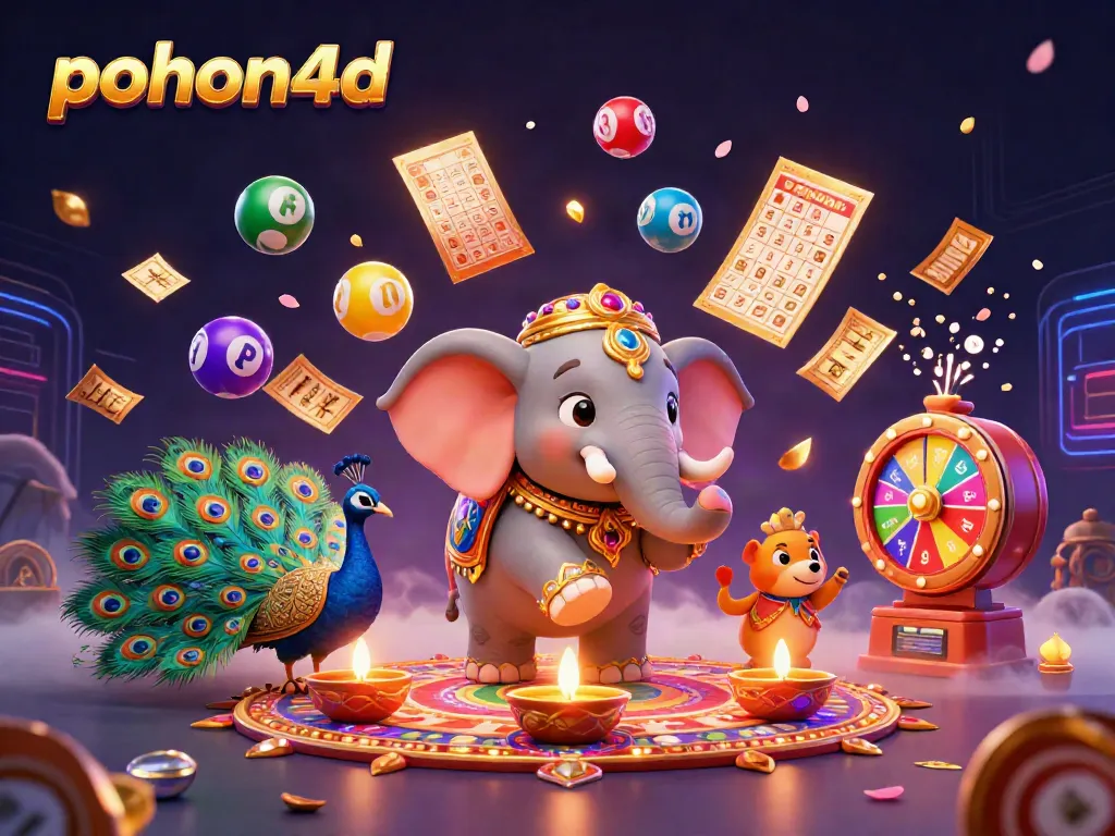 Pohon4d's dynamic illustration showcases an elephant with lottery elements in a festive setting.