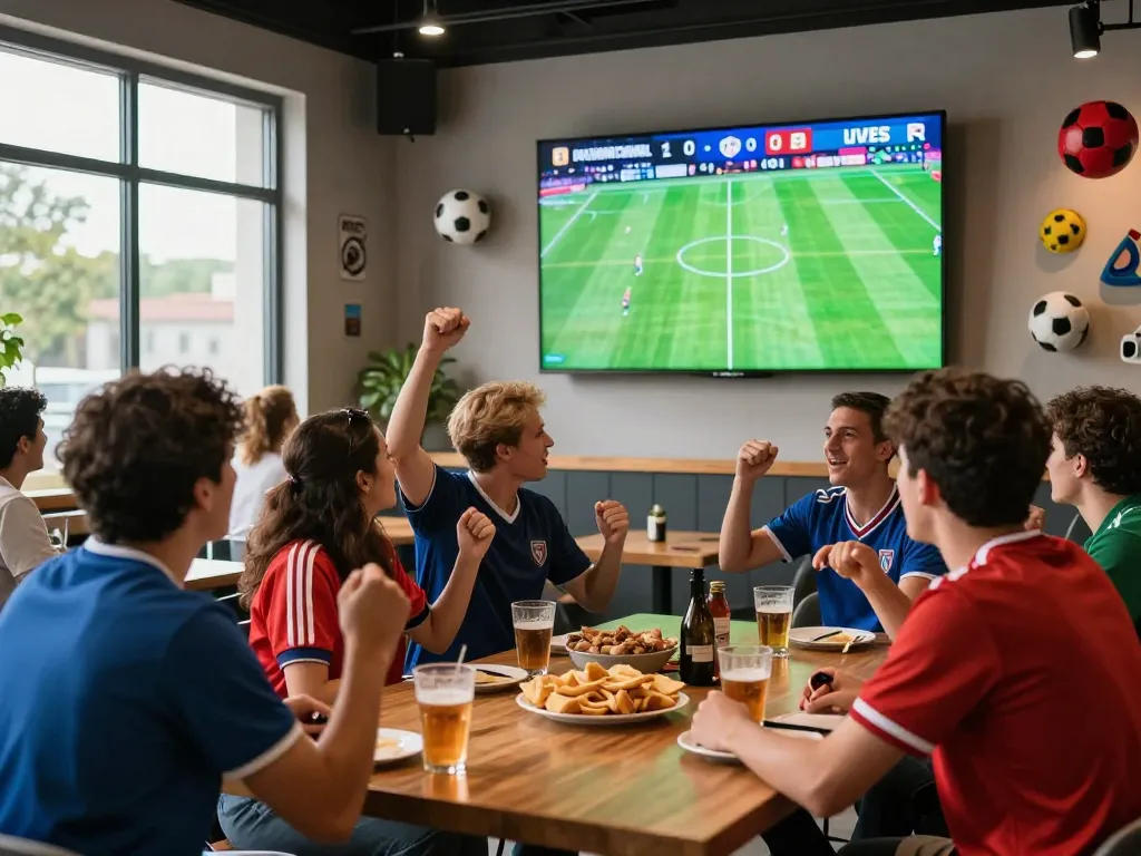 Exciting scene of fans cheering for football live scores at Now Goal lounge