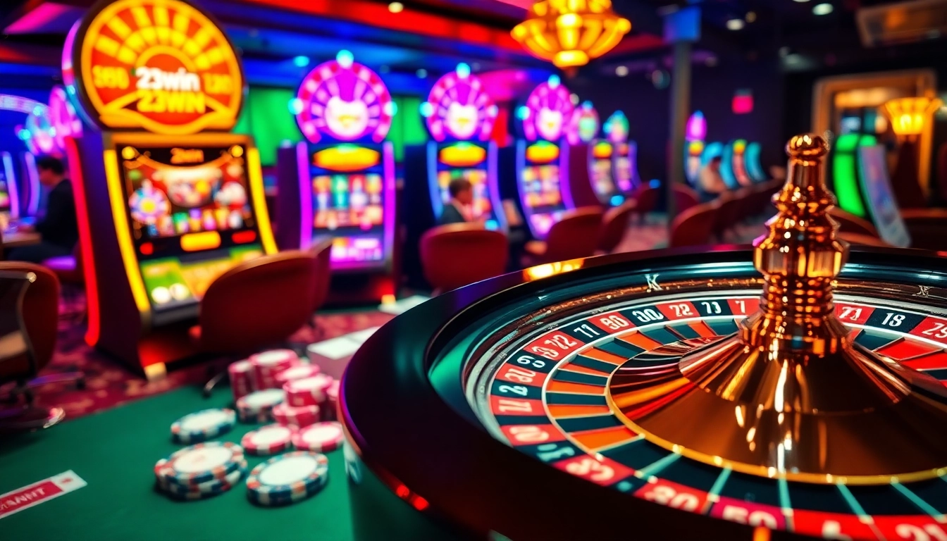 Experience the excitement of 23win casino with a lively scene of roulette, cards, and players.