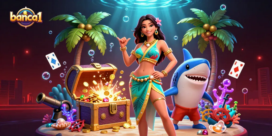 Banca1 features a glamorous beach goddess and a cartoon shark enjoying the underwater treasure game.