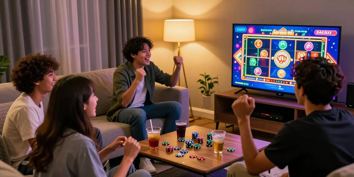 Friends enjoying a lively gaming night with slot gacor excitement in a cozy living room setting.