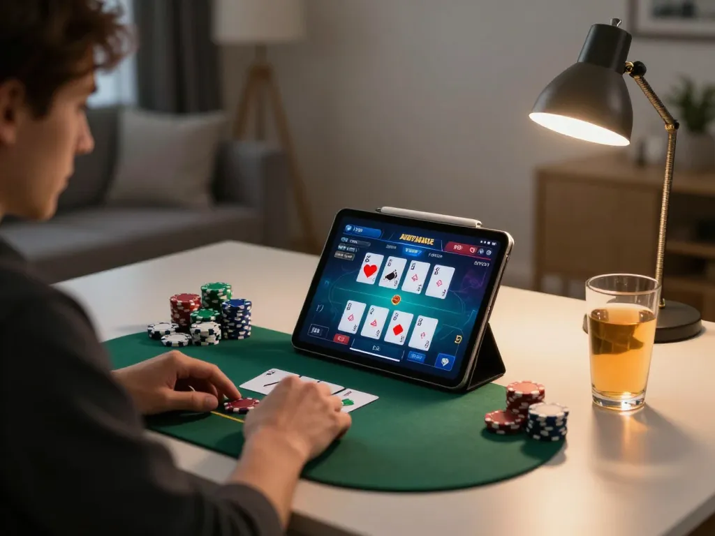 Engaging online poker gameplay at home on a tablet featuring fabet interface and strategic betting.