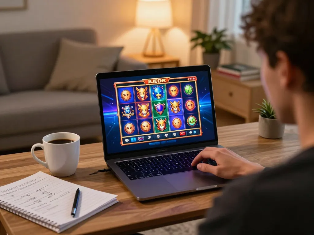 Engaged player exploring sc88vn online casino gaming on a laptop in a cozy home environment
