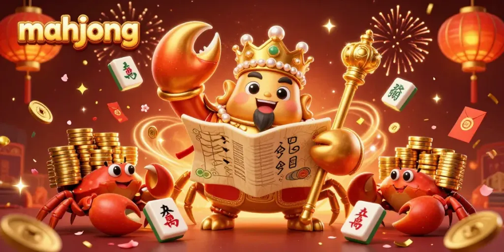 Permainan mahjong dengan karakter kepiting emas yang megah di arena kasino online, dikelilingi oleh chip emas dan lampion