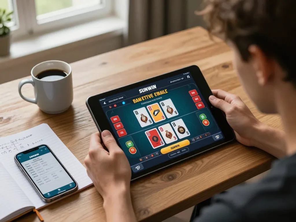 SUNWIN player actively engaged in a live dealer game on a tablet at home, highlighting strategy and entertainment