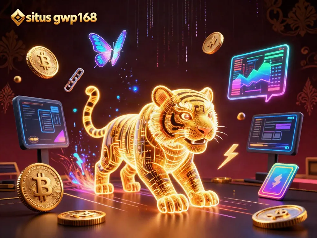 Gambarkan suasana seru di situs gwp168 dengan harimau emas neon menelusuri kasino digital.