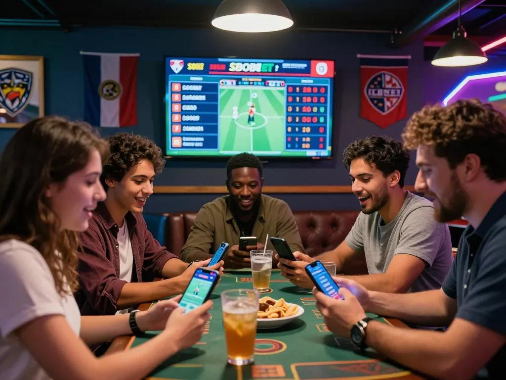 SBOBET sports betting enthusiasts enjoying live updates and lively atmosphere in a vibrant lounge