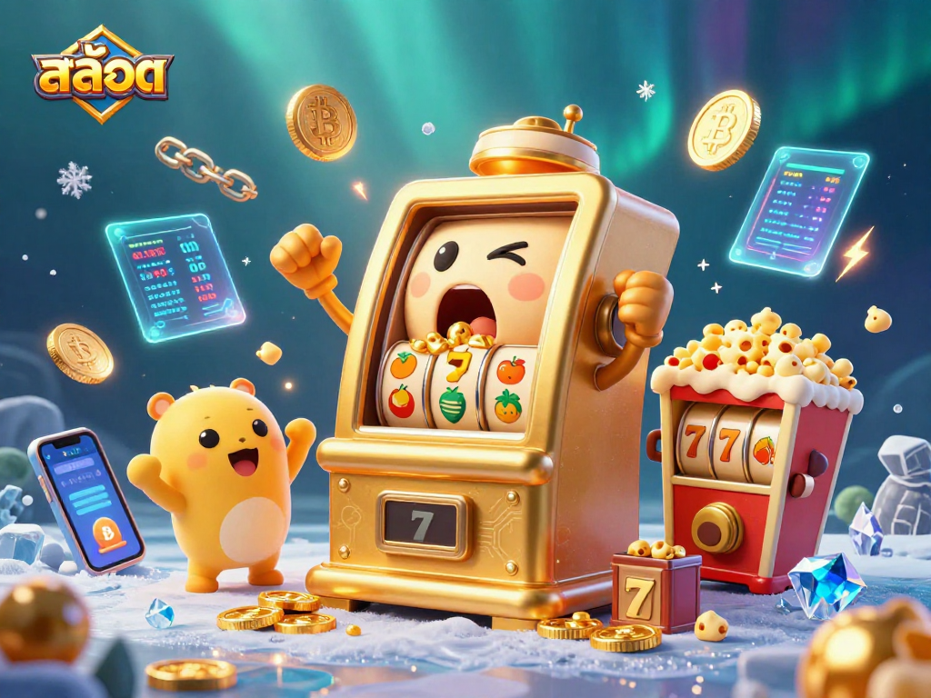 Experience thrilling สล็อต gameplay with a golden slot machine celebrating its jackpot amidst coins and crypto elements.