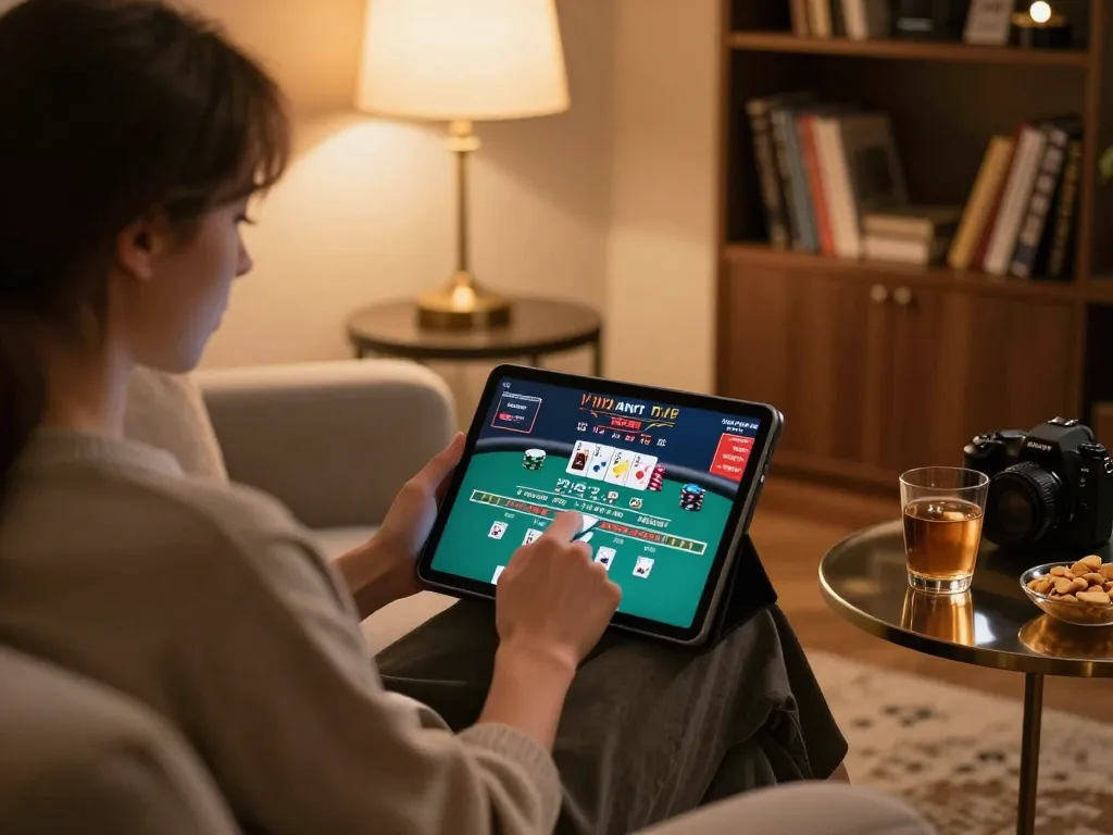 Person enjoying online poker gameplay on luck88com using a tablet in a cozy living room setting