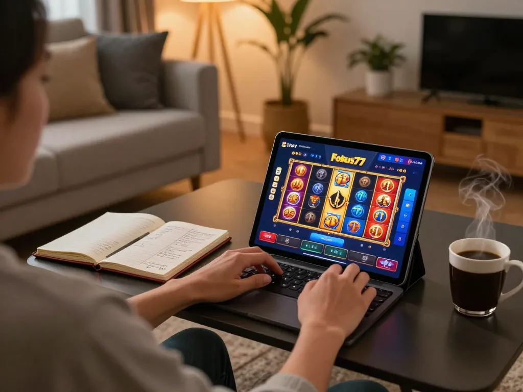 Engaged player enjoying Fokus77 slot games on a tablet in a cozy home setting, showcasing responsible gaming.