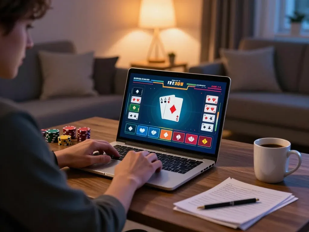 Engaging in PERI11 poker gameplay at home, highlighting online casino excitement in a cozy setting