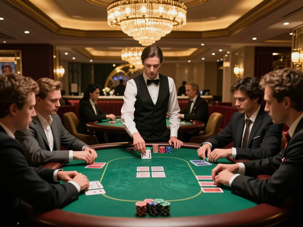 Experience elite gambling at KP 88's luxurious VIP poker table with professional dealer and players.