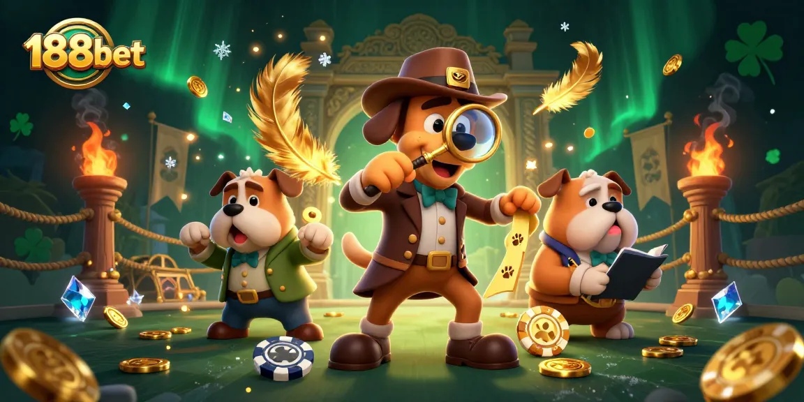 Examine golden poker chip clues at 188bet with cartoon detective characters in a vibrant, action-packed casino scene.