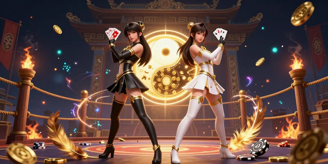 Win88 showcases twin Asian women in a vibrant, casino-themed digital art scene holding playing cards