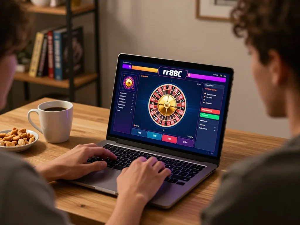 Player enjoying rr88c online roulette in a cozy home setup with engaging atmosphere.