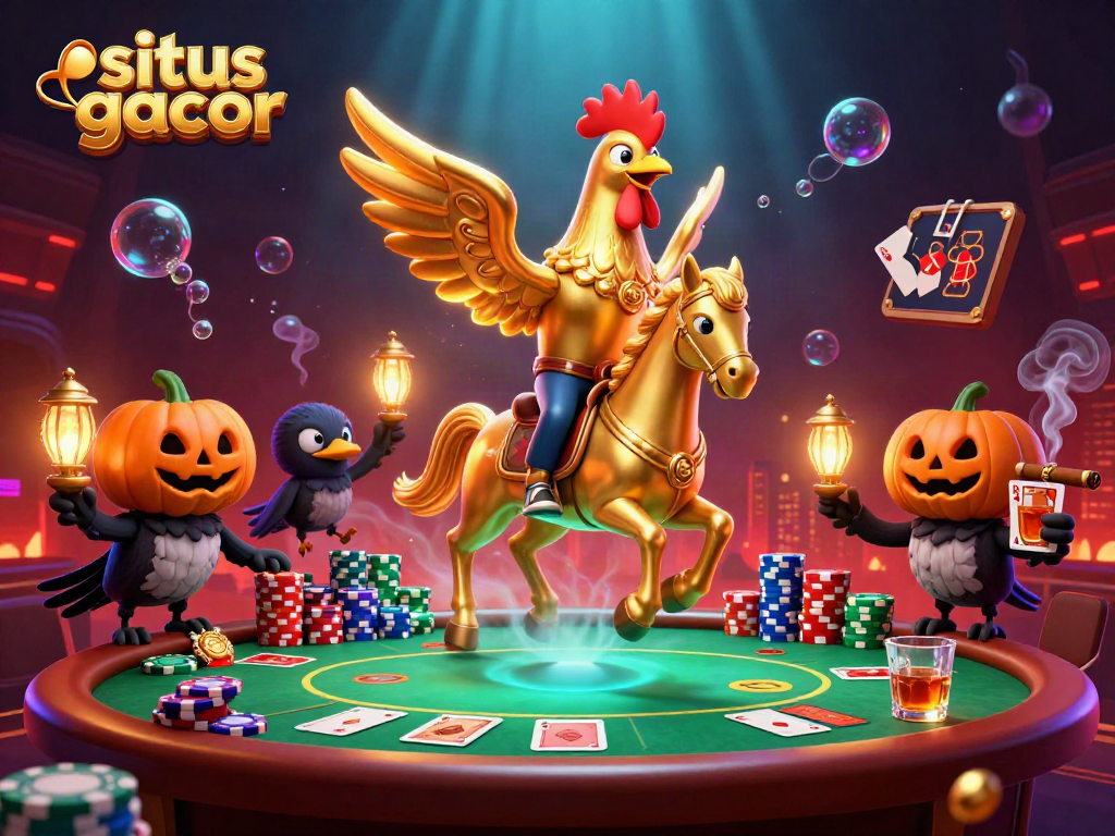 Engaging scene of situs gacor with a golden rooster, poker elements, and mystical ambiance in a casino setting.