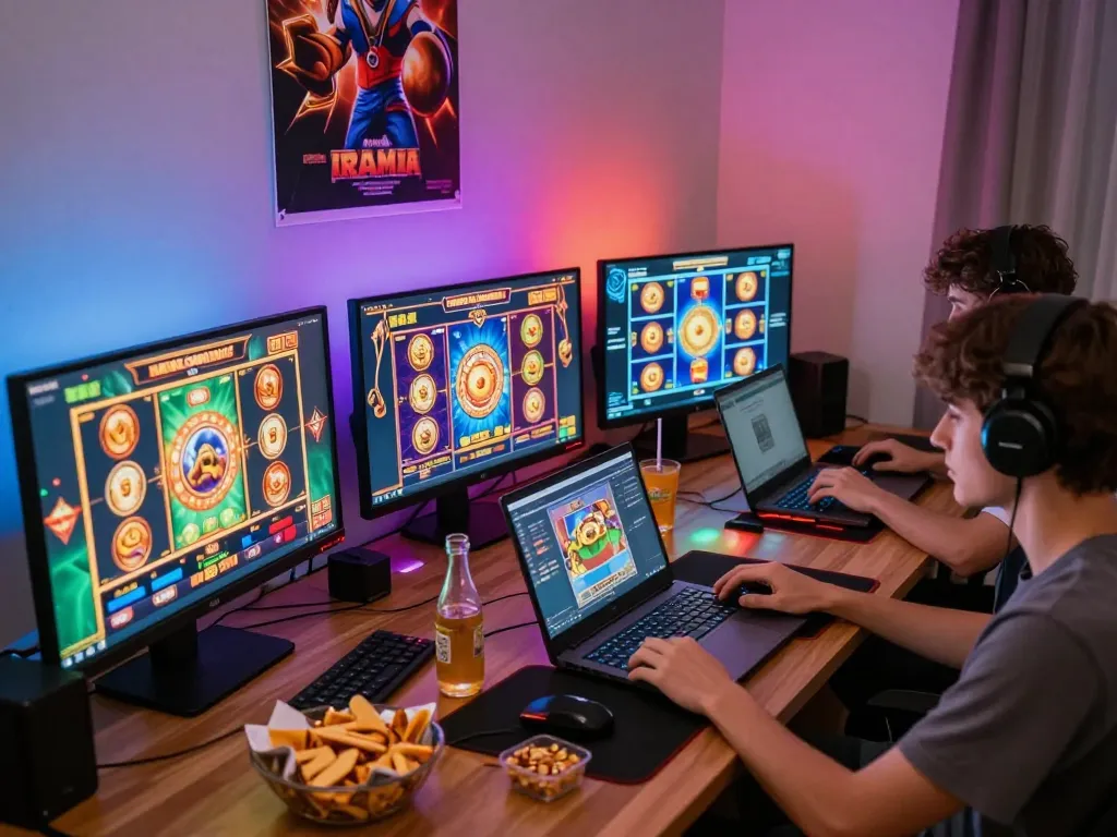Engaging players enjoying zeus138 slot games at home with vibrant screens and cozy setup.