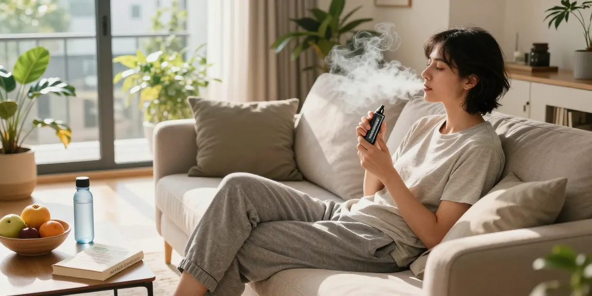 Enjoying Fumot T9000 Pro Max Vape in a modern, natural wellness atmosphere with greenery and sunlight.