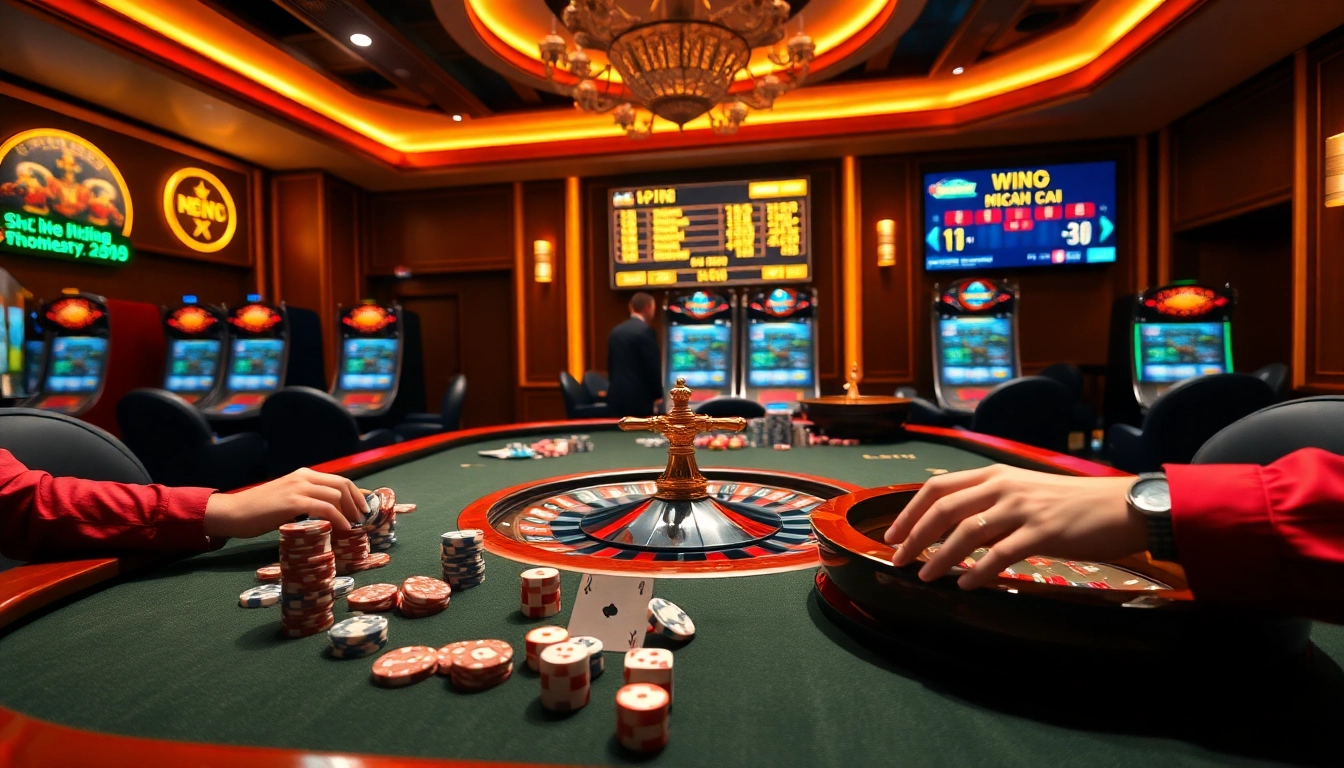 Engaging scene of gamblers strategizing at a kèo nhà cái 5 betting table with vibrant casino elements.