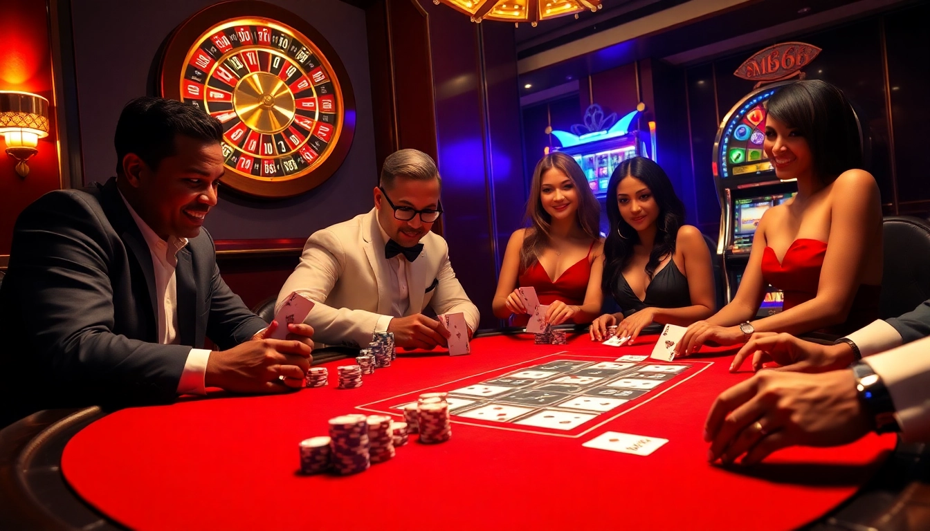 Players revel in a vibrant casino setting at the MB66 poker table, showcasing excitement and strategy.