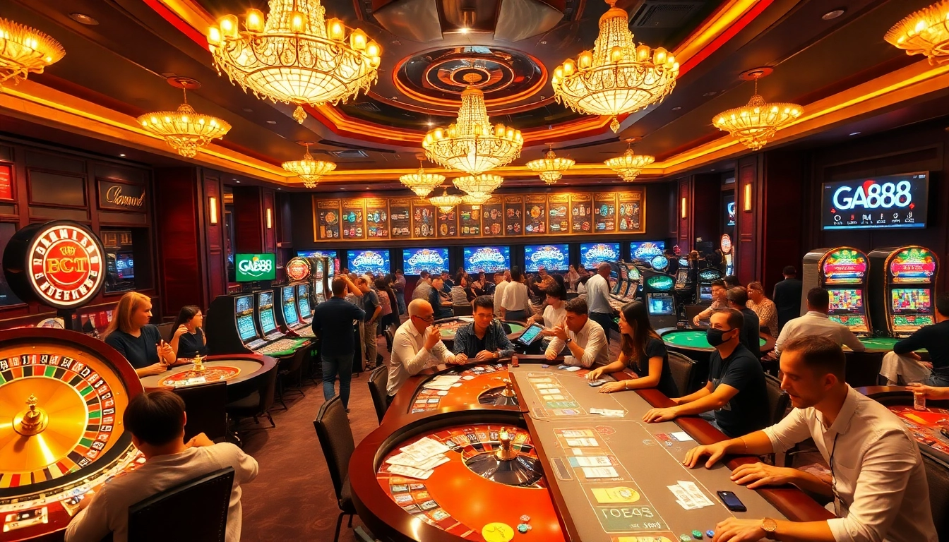 Players enjoy thrilling games at GA888, featuring vibrant casino tables and exciting slot machines.