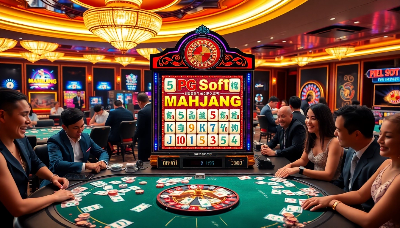 A thrilling scene showcasing an akun demo for PG Soft Mahjong Ways Gacor X5000 in a vibrant casino.