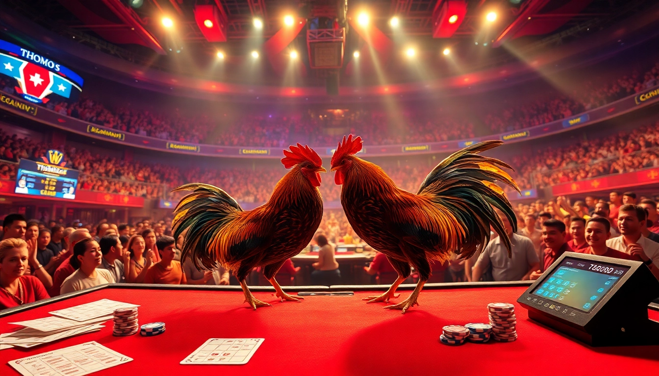 Experience the thrill of Đá gà Thomo cockfighting with exciting betting action captured in a vibrant arena scene.