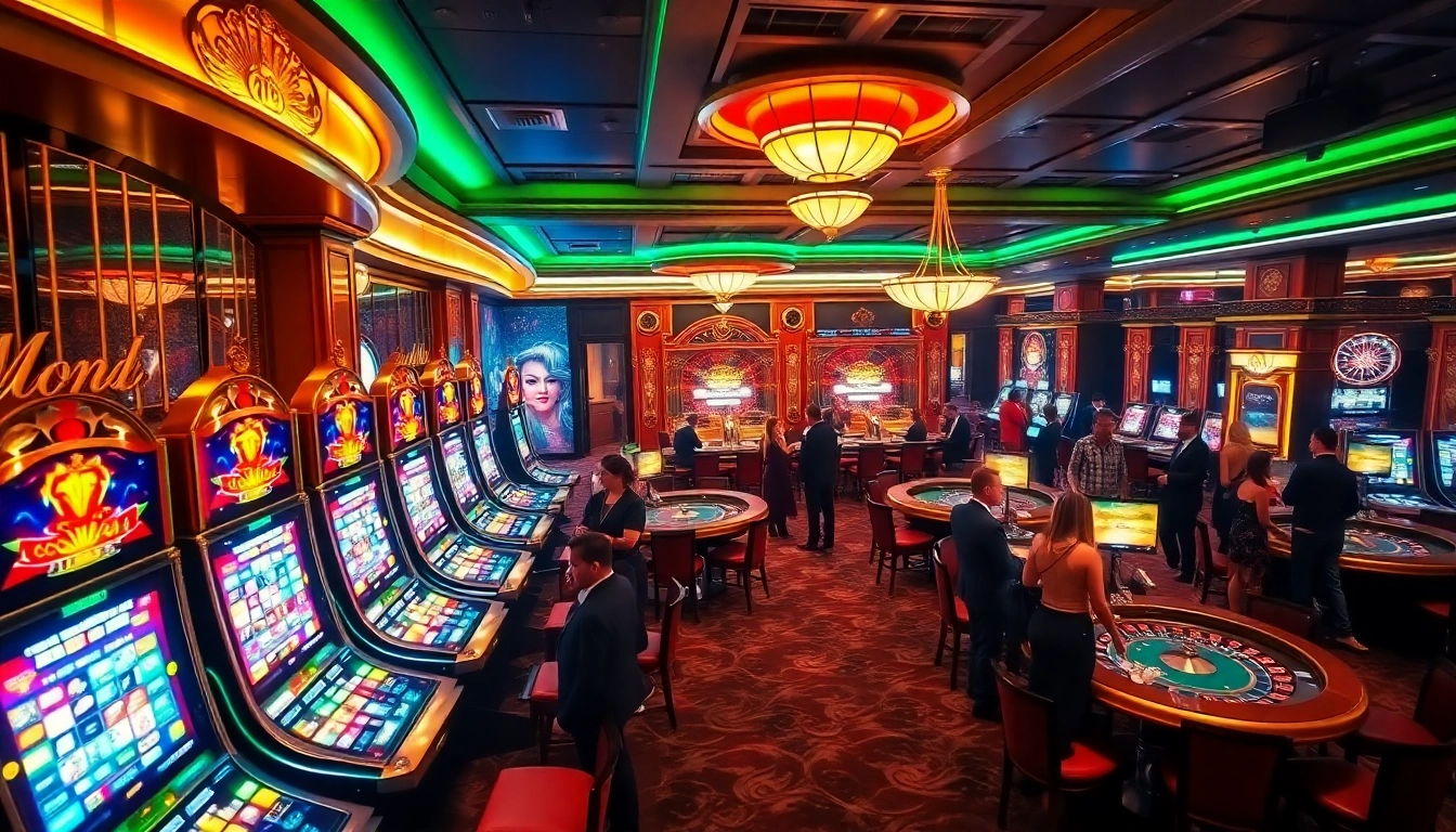 Engaging players enjoying a lively casino environment at NEO79 with exciting slot machines and poker tables.