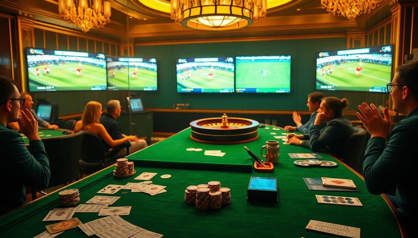 แทงบอลโลก enthusiasts engaging with live betting at a luxurious casino setting.