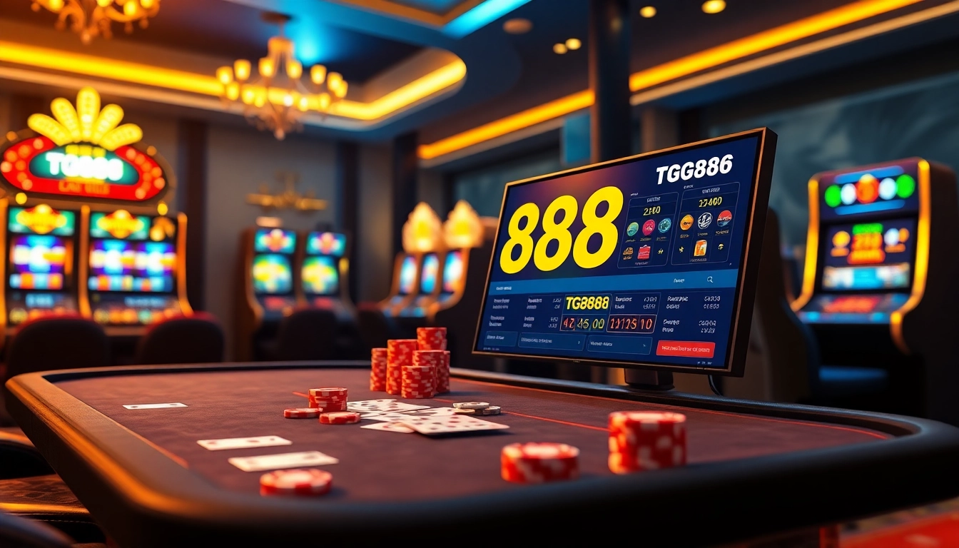 Engaging TG88 đăng nhập portal with vibrant casino elements, showcasing poker chips and slot machines.