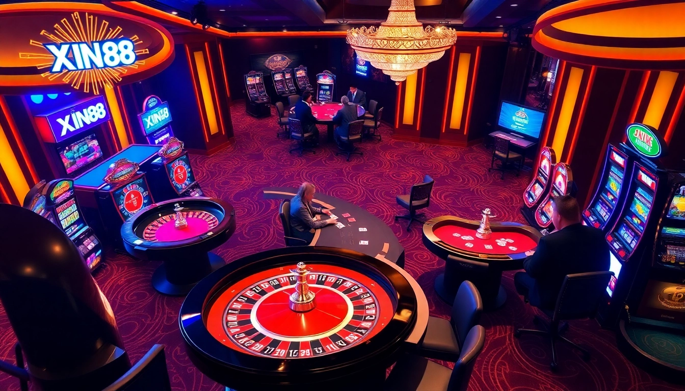 XIN88 gaming environment featuring roulette wheels and poker tables in a vibrant online casino.