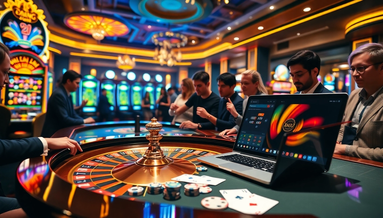 Bongdalu gamblers enjoying high-stakes excitement at a luxurious casino with a roulette table.