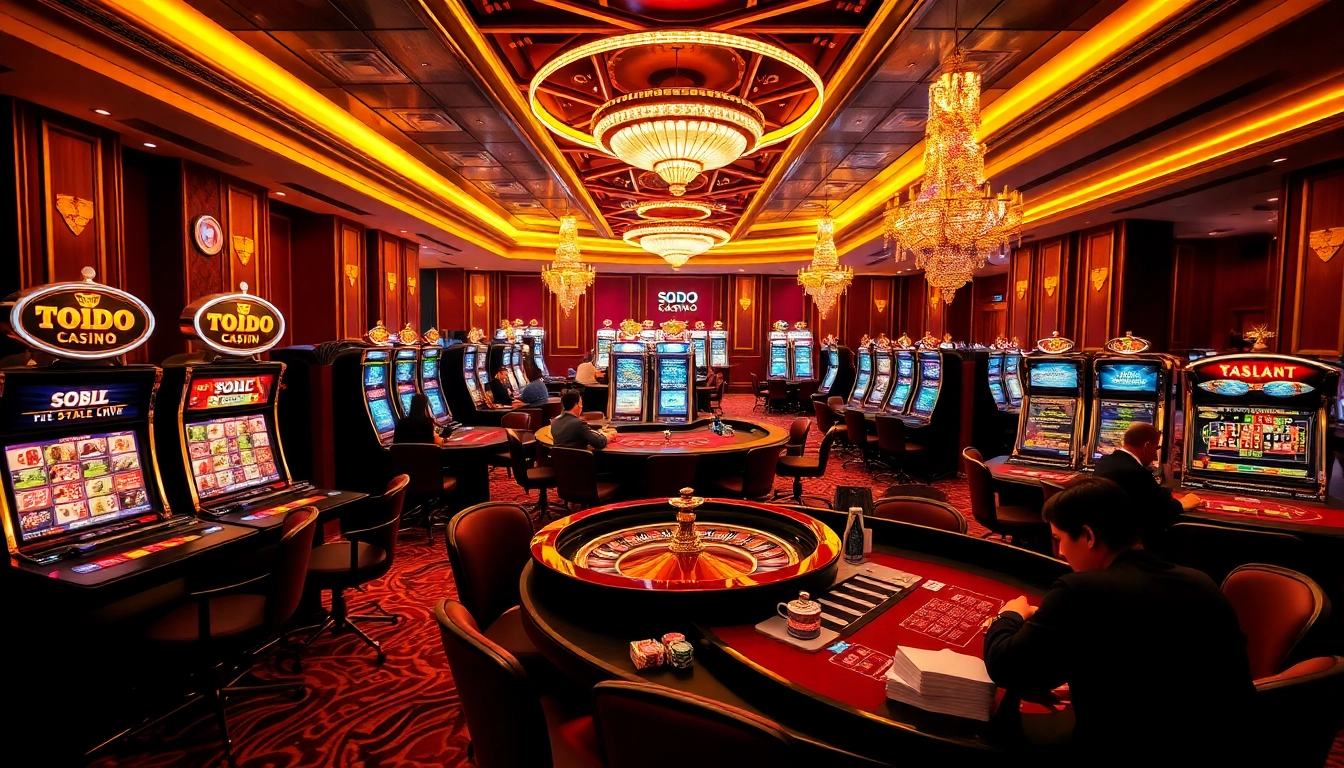 Experience the excitement at SODO CASINO, featuring vibrant gaming tables and slot machines.