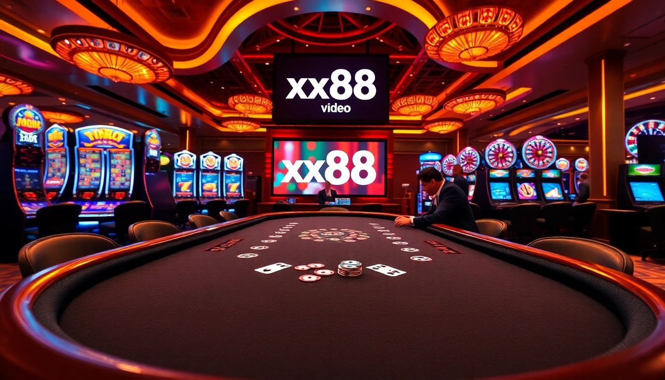 Experience thrilling gameplay with xx88 video at a vibrant casino filled with slot machines.