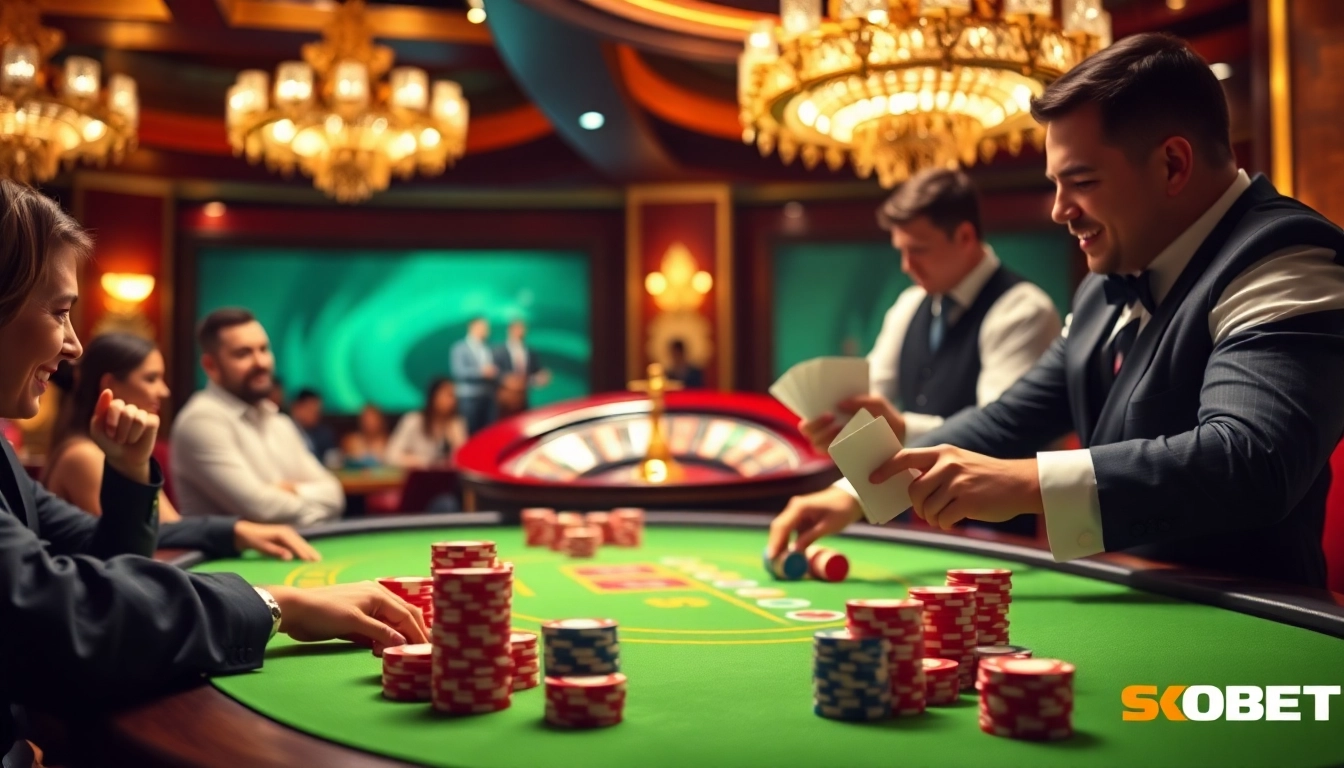 SBOBET poker players engaged in a thrilling high-stakes game at an elegant casino table.