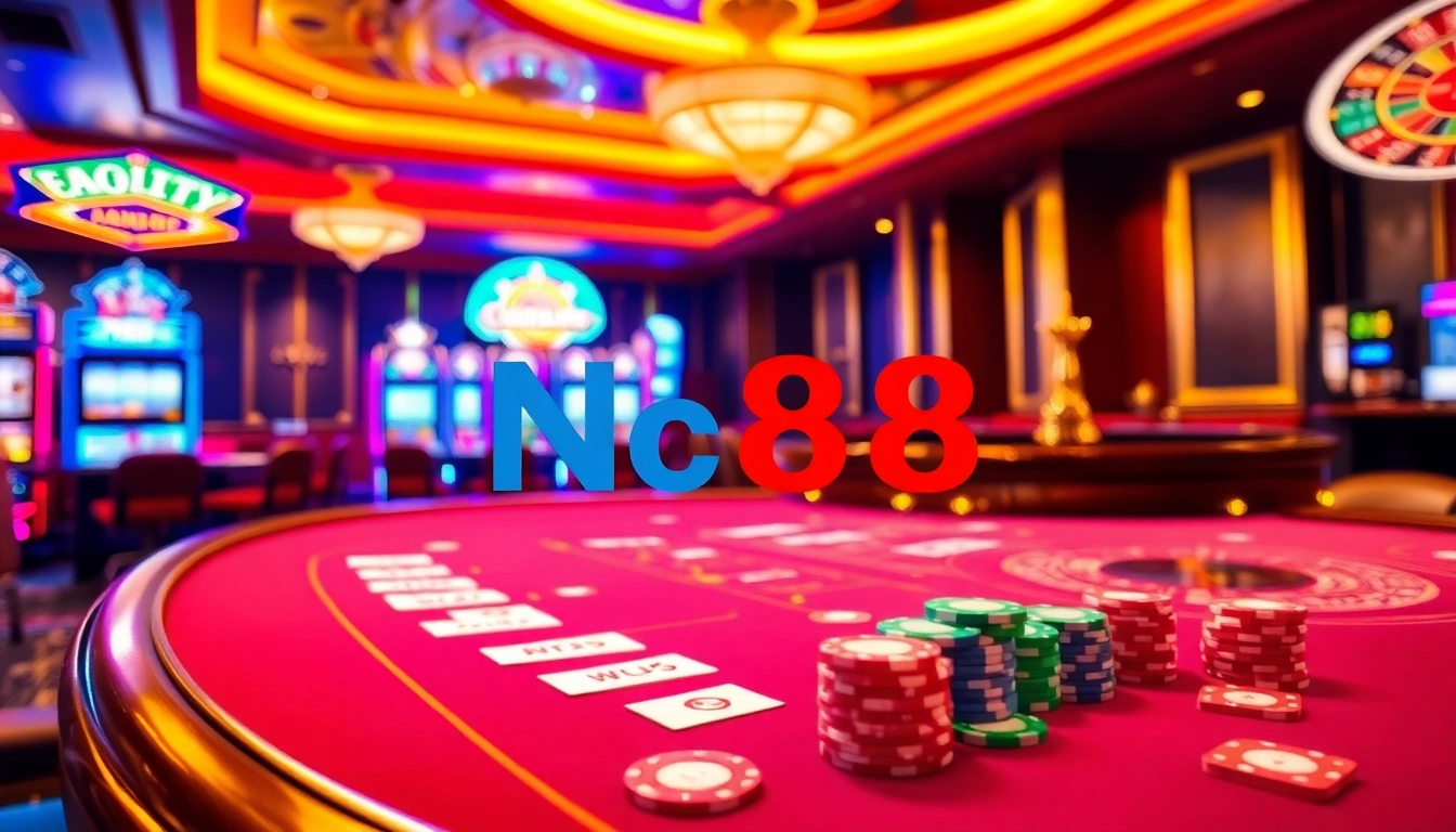 Experience the thrill of Nc88 as players engage in a glamorous casino scene filled with excitement.